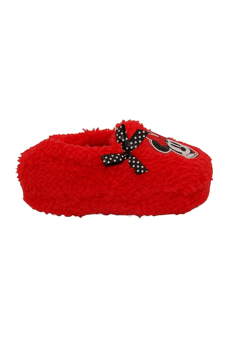 Papuci pufosi cu aplicatii cu Minnie Mouse, Rosu