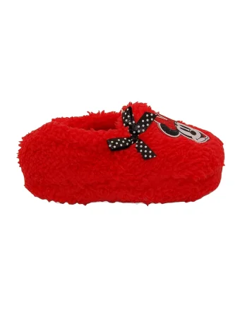 Papuci pufosi cu aplicatii cu Minnie Mouse, Rosu