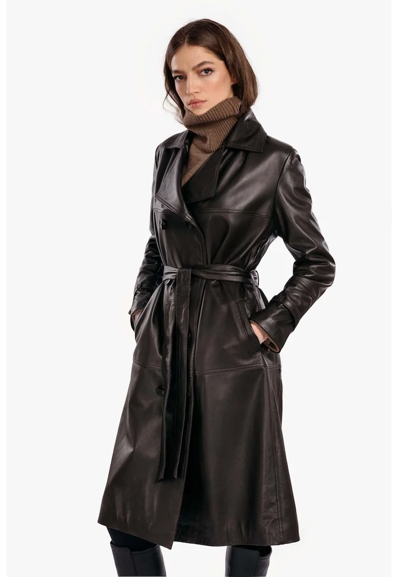 Trench din piele naturala pentru Femei, Model Leather Trench, Negru