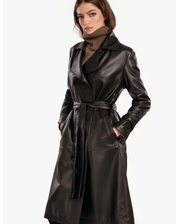 Trench din piele naturala pentru Femei, Model Leather Trench, Negru