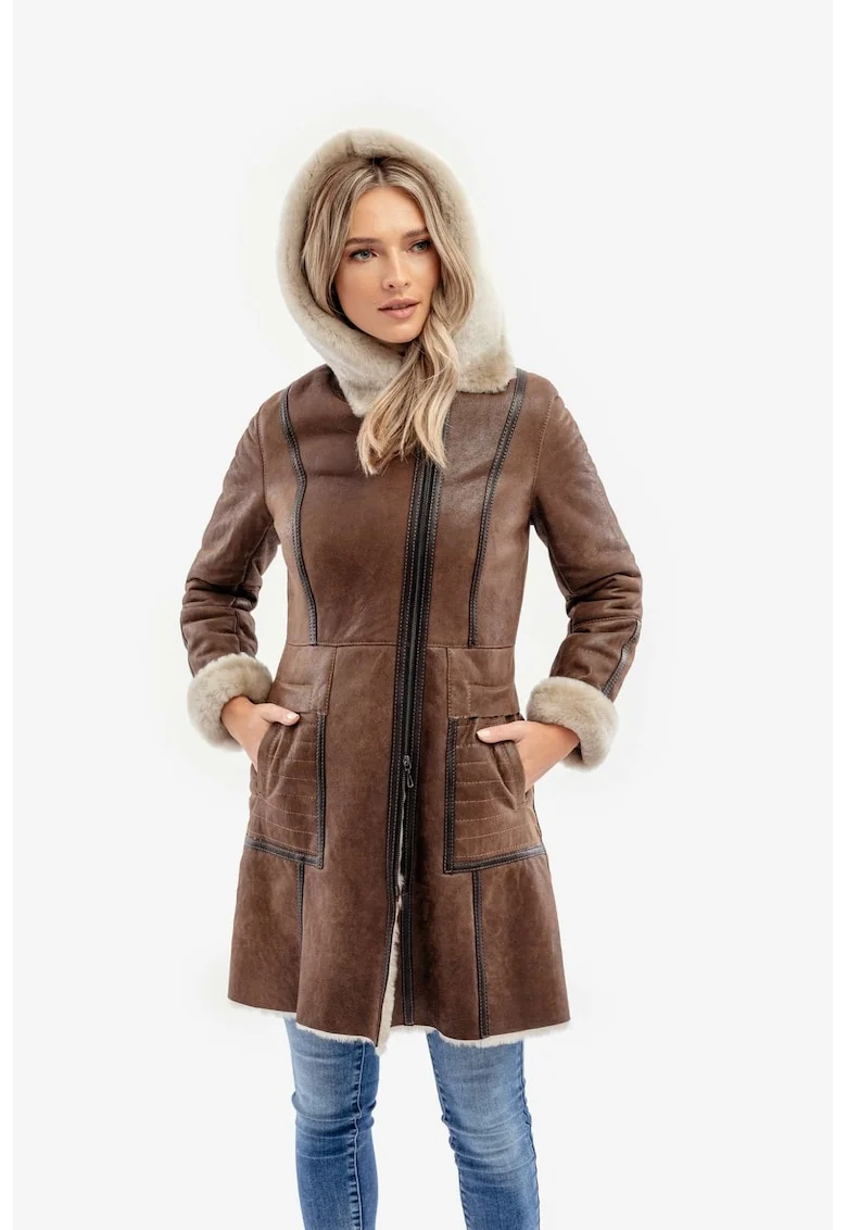 Palton din blana naturala de miel pentru femei, model Carina, Maro