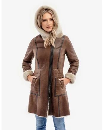 Palton din blana naturala de miel pentru femei, model Carina, Maro
