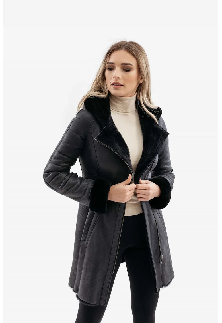 Palton din blana naturala, model Emilia Napalan, Negru