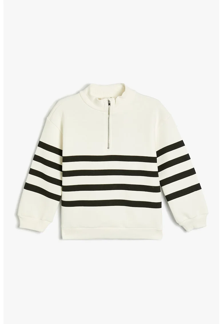 Bluza de trening cu fenta cu fermoar si dungi, Alb/Negru