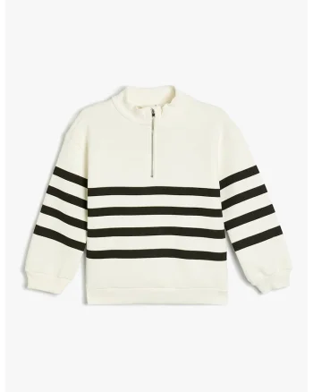 Bluza de trening cu fenta cu fermoar si dungi, Alb/Negru