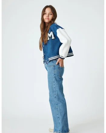 Jacheta College cu insertii din denim, Alb/Albastru inchis