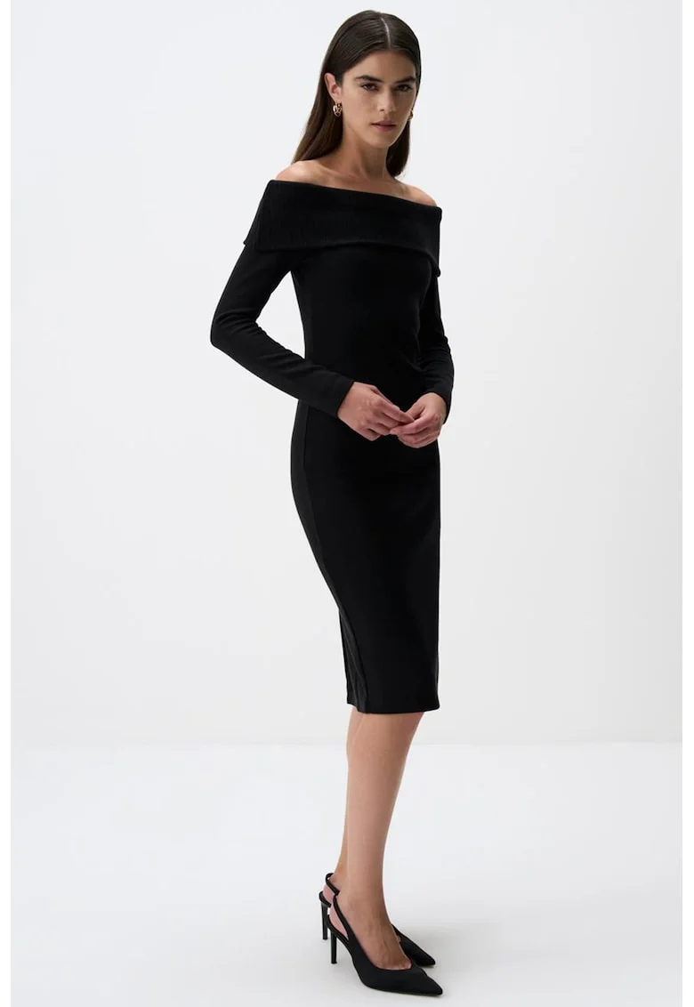 Rochie midi evazata cu decolteu pe umeri, Negru