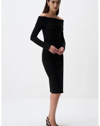 Rochie midi evazata cu decolteu pe umeri, Negru