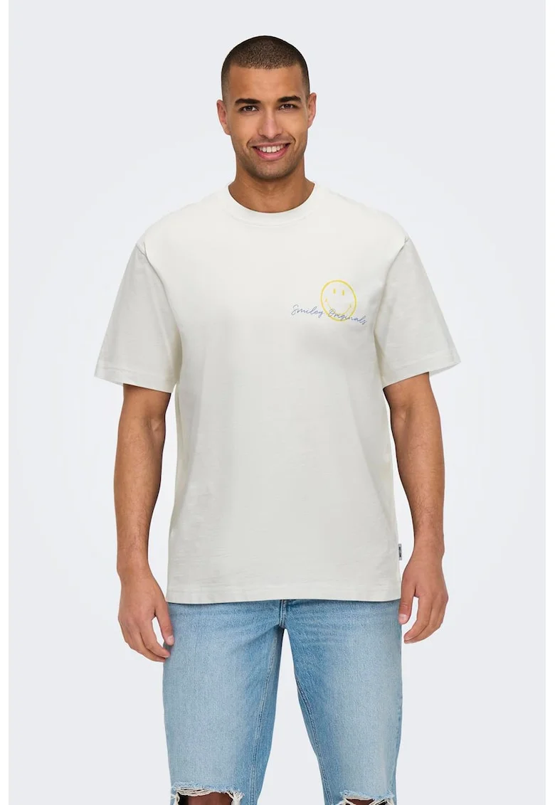 Tricou de bumbac organic cu imprimeu text, Albastru pastel/Galben sofran/Alb optic