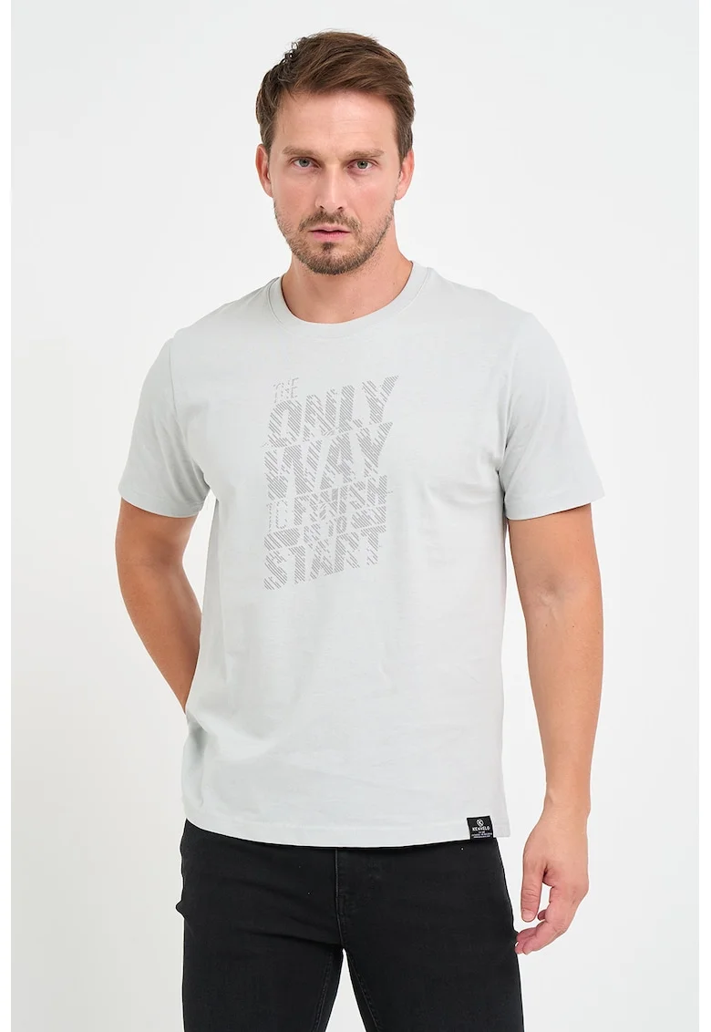 Tricou de bumbac cu decolteu la baza gatului si imprimeu text, Albastru glaciar