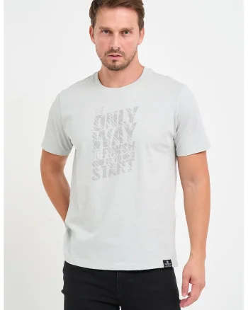 Tricou de bumbac cu decolteu la baza gatului si imprimeu text, Albastru glaciar