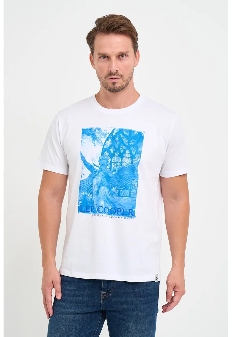 Tricou cu decolteu la baza gatului si imprimeu logo si foto, Alb/Turcoaz