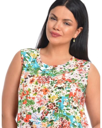 888140594-Bluza Dama fara Maneci cu Imprimeu Floral Albastru/ Portocaliu
