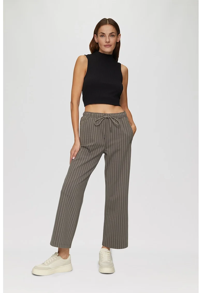 Pantaloni cu model in dungi si snur, Alb/Gri inchis