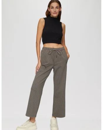 Pantaloni cu model in dungi si snur, Alb/Gri inchis