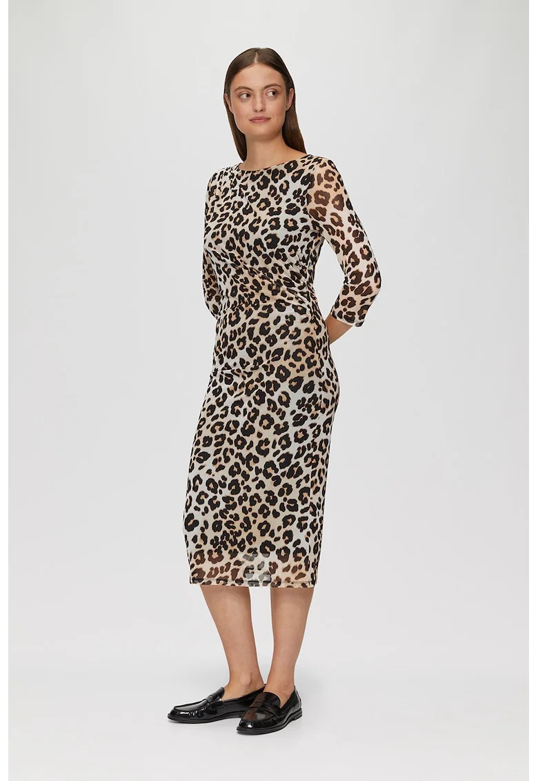 Rochie midi cu animal print, Alb fildes/Negru/Maro