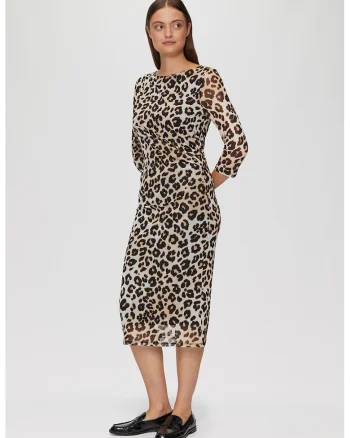 Rochie midi cu animal print, Alb fildes/Negru/Maro