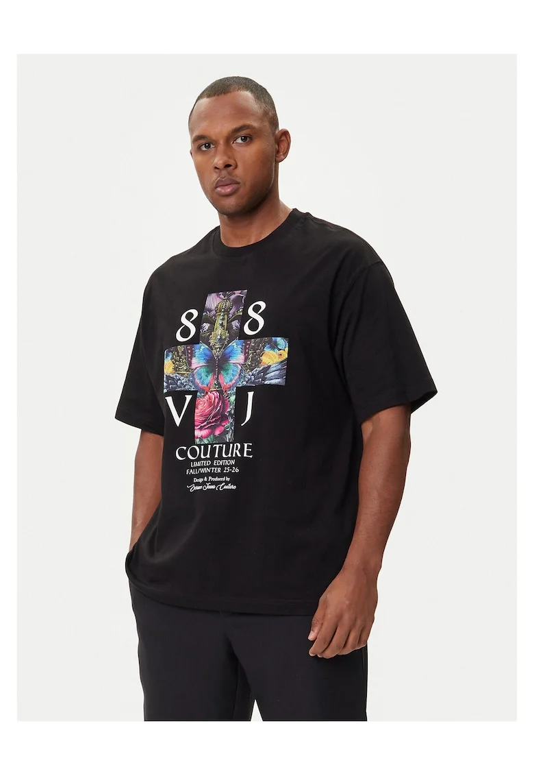 Tricou barbati  negru, bumbac, imprimeu multicolor
