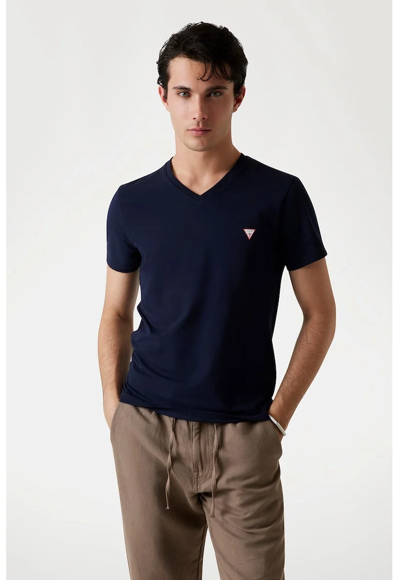 Tricou slim fit cu decolteu in V, Bleumarin