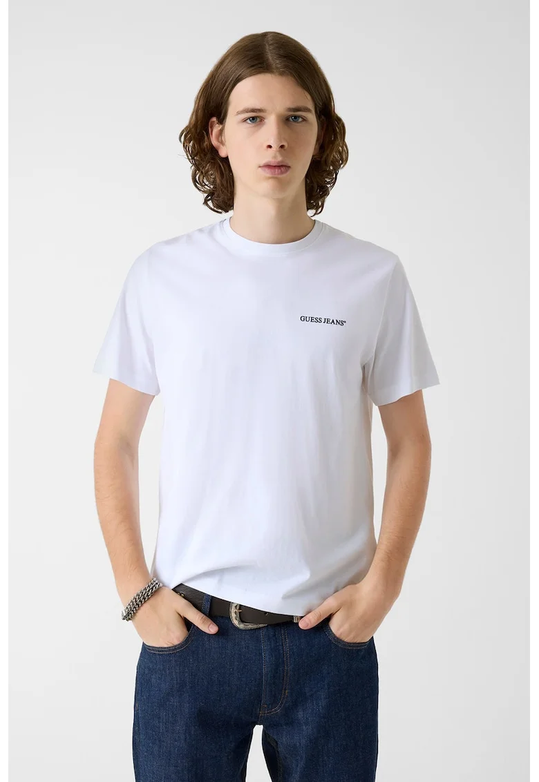 Tricou de bumbac cu logo pe piept, Alb