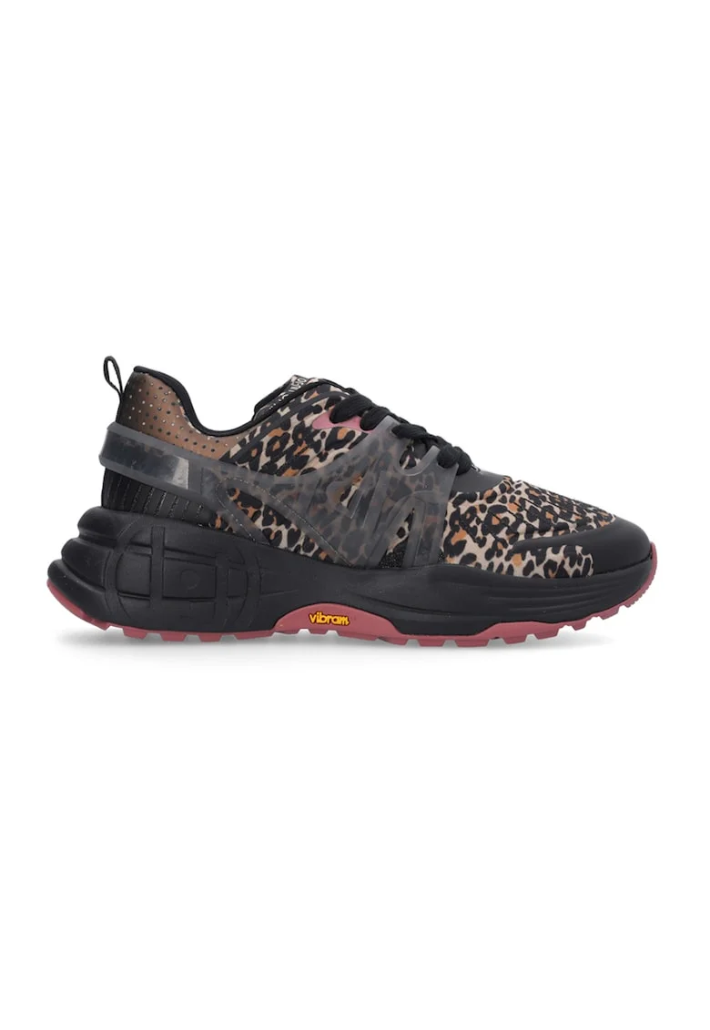 Pantofi sport cu model animal print si detalii peliculizate, Negru/Piersica