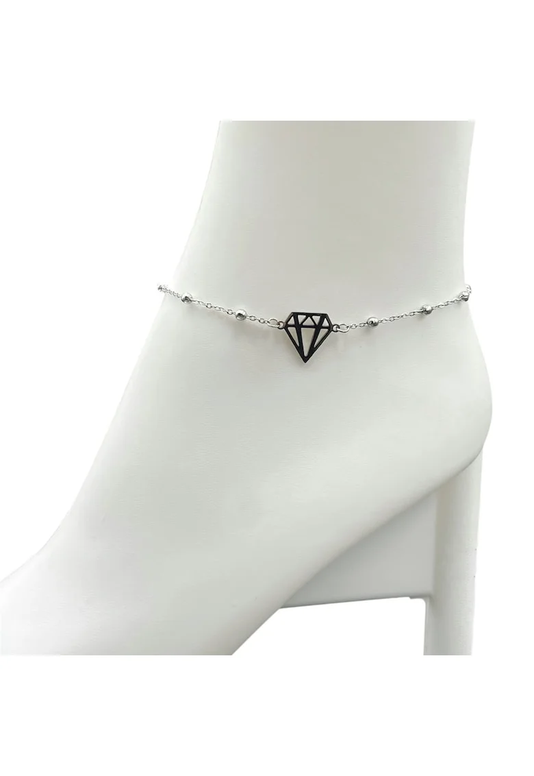 Bratara de picior  inoxidabil placat aur alb 14K, diamant geometric negru, 25x5cm