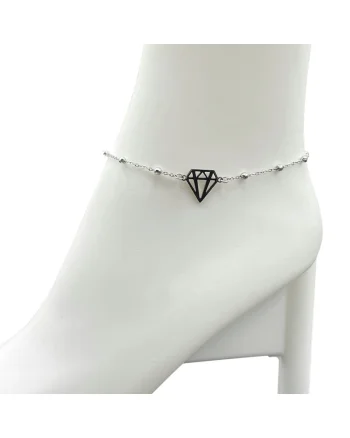 Bratara de picior  inoxidabil placat aur alb 14K, diamant geometric negru, 25x5cm