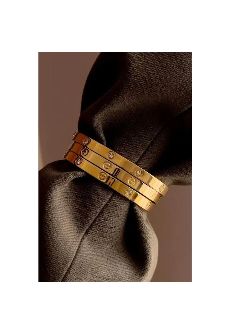 Set 3 Bratari  Love, inox placat cu aur de 14K, diametru 6cm, cristale Zirconia