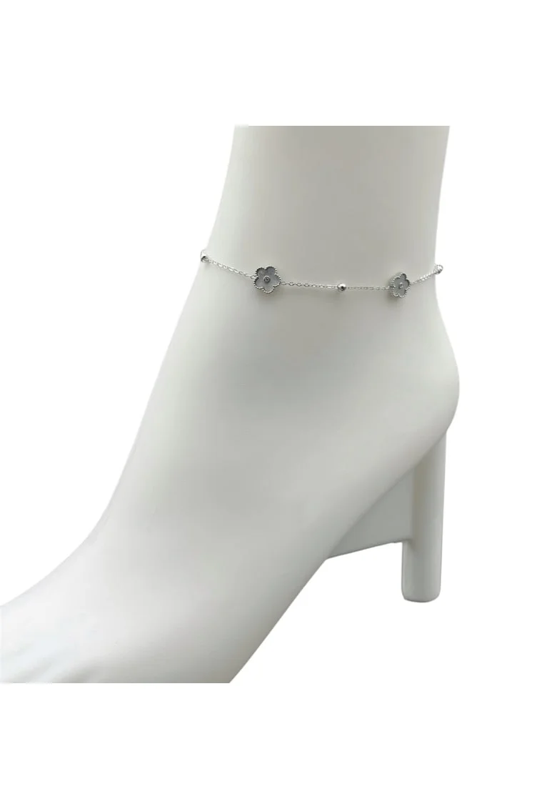 Bratara de picior  argintie, flori albe sidef, 23x5cm