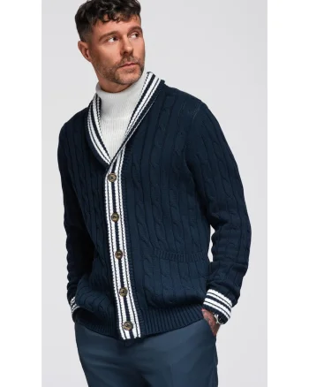 Cardigan cu nasturi si model torsade, Albastru inchis