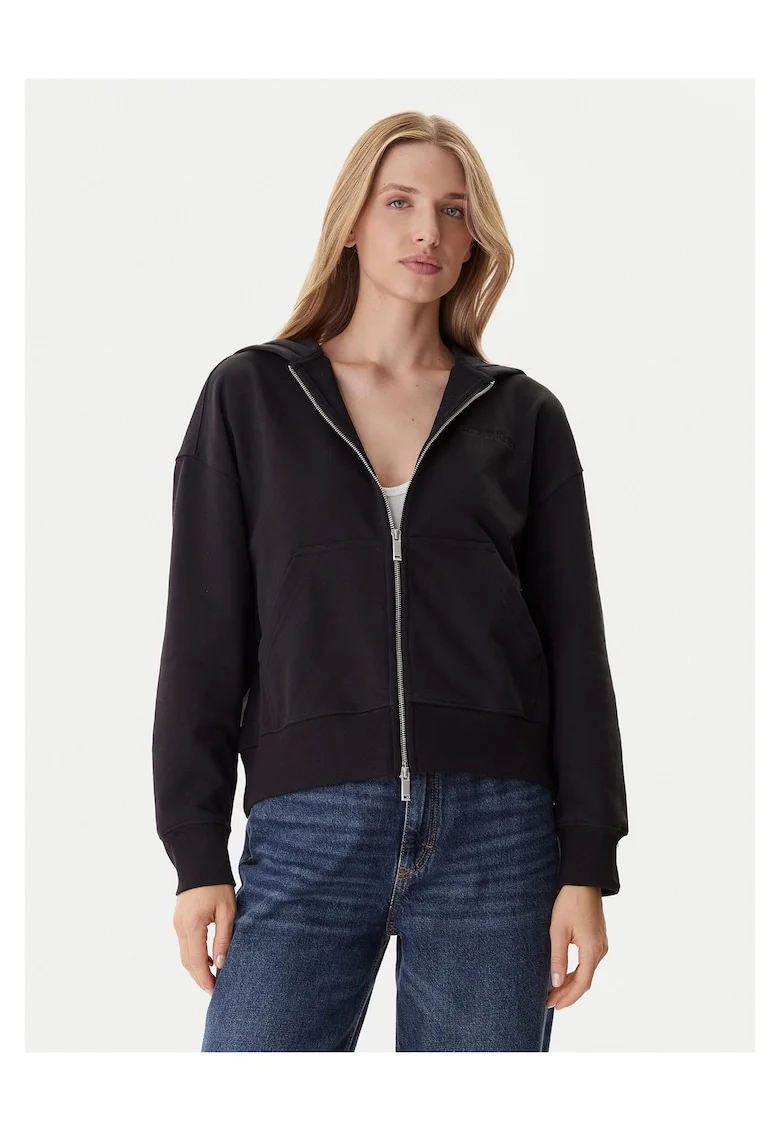 Hanorac dama  negru, textil, cu gluga si fermoar