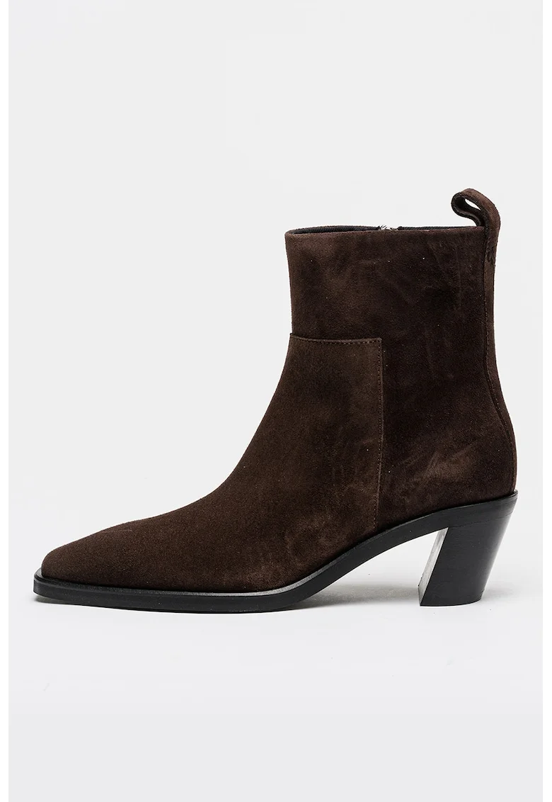 Botine din piele intoarsa cu fermoar, Maro