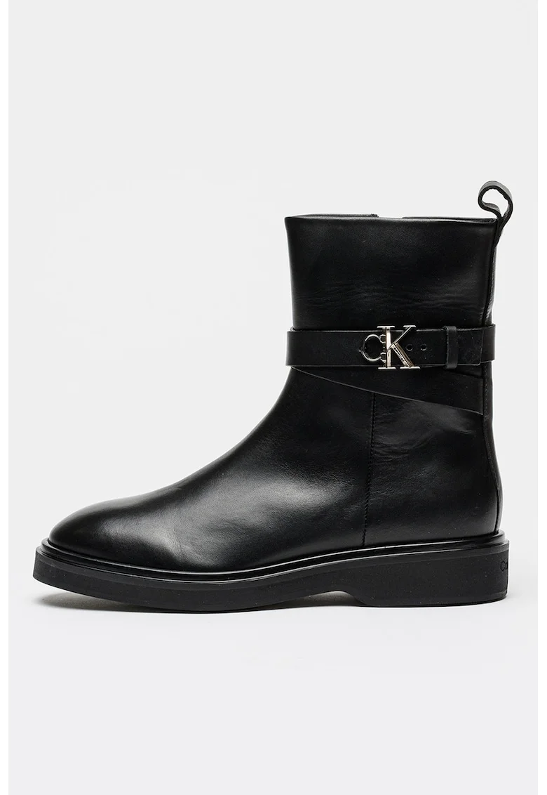 Botine din piele cu logo metalic, Negru