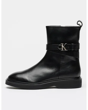 Botine din piele cu logo metalic, Negru