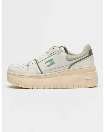 Pantofi sport din piele cu platforma Retro Basket, Alb/Verde pal