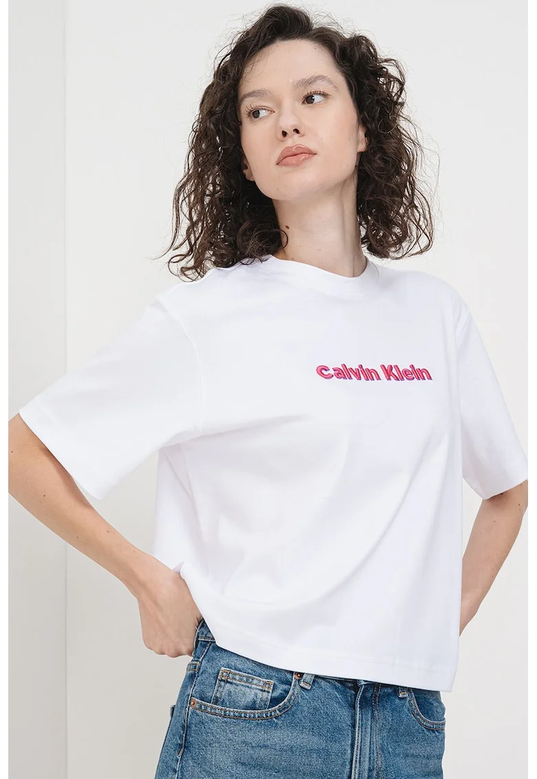 Tricou din bumbac cu broderie, Alb/Roz pastel