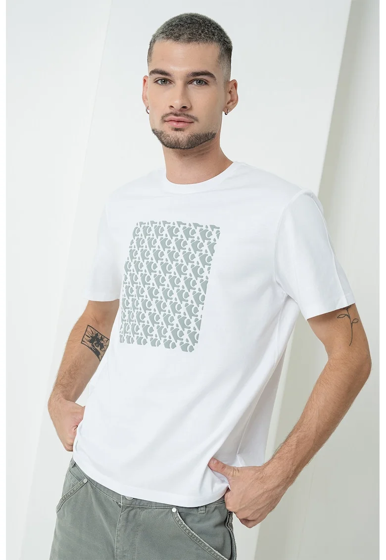 Tricou lejer din bumbac cu monograma, Alb/Gri cenusiu