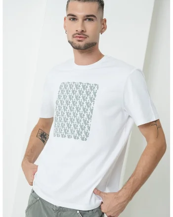 Tricou lejer din bumbac cu monograma, Alb/Gri cenusiu