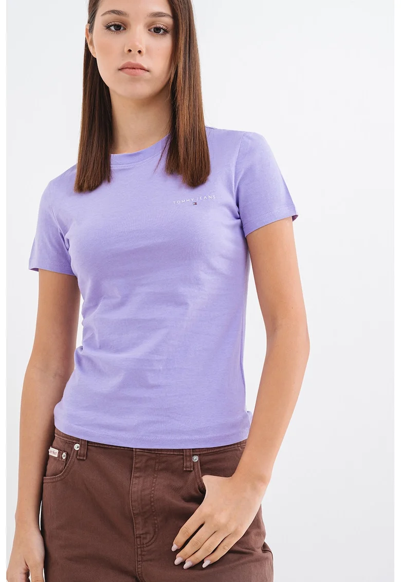 Tricou slim fit cu decolteu la baza gatului, Lila