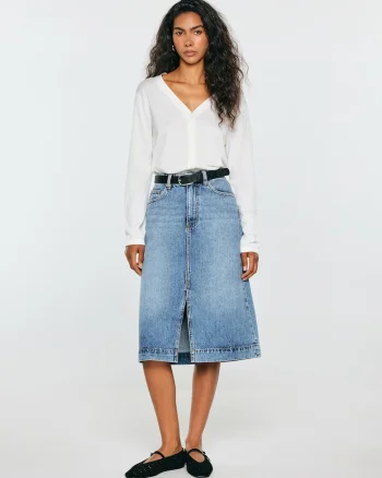 Fusta midi din denim cu slit in fata