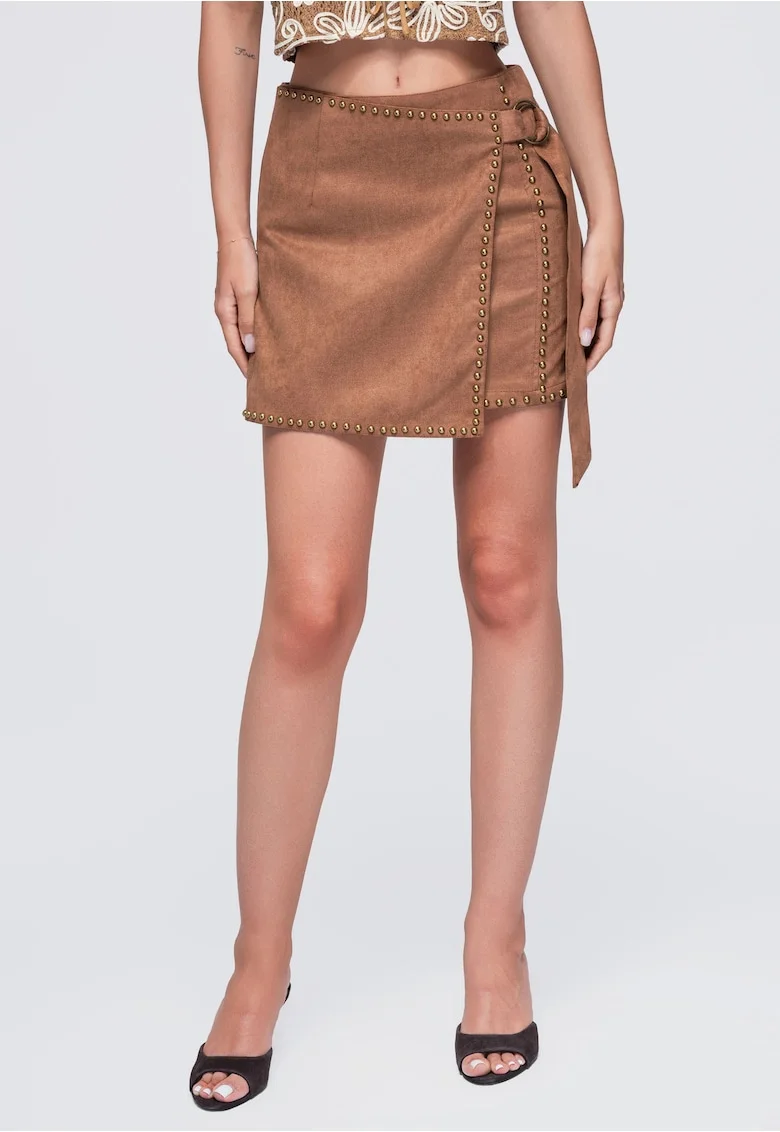 Fusta mini imitatie de piele, inalta, elastica, detalii metalice OW-GL-E0023, Camel, S/M
