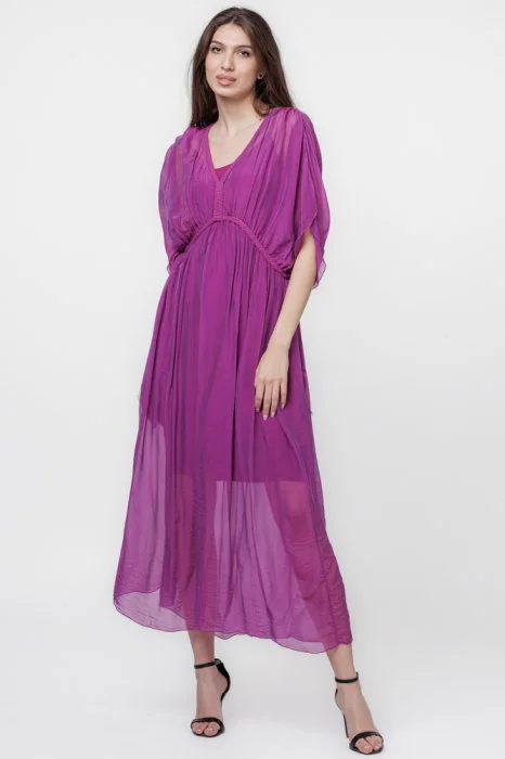 Rochie   Goddess   din matase si vascoza cu snur impletit pe decolteu si talie, magenta