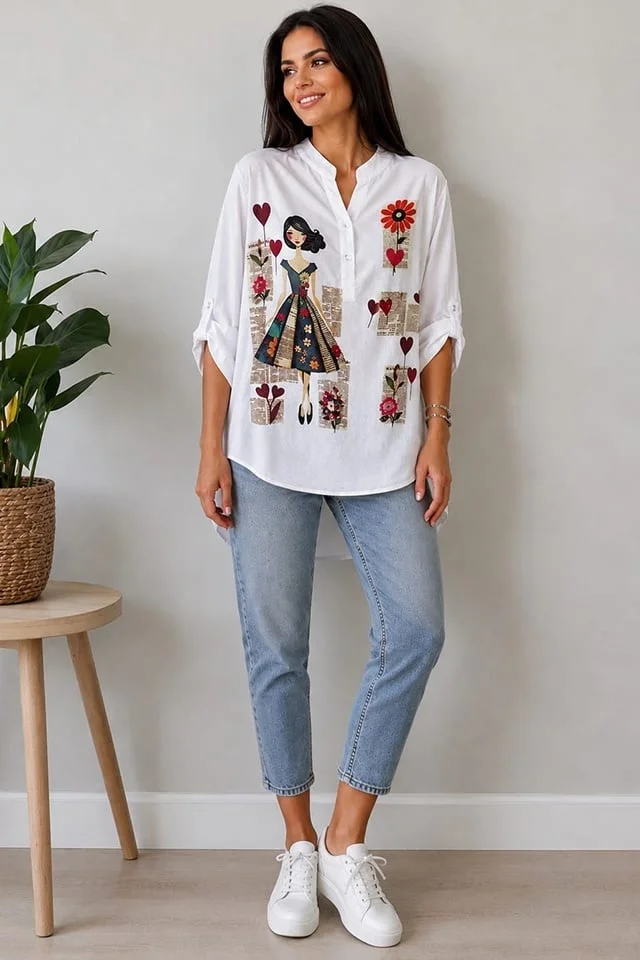Camasa bumbac LARYSS, imprimeu collage si maneca reglabila, Blue Girl Retro, Marime S/M/L