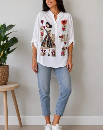 Camasa bumbac LARYSS, imprimeu collage si maneca reglabila, Blue Girl Retro, Marime S/M/L