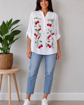 Camasa bumbac LARYSS, imprimeu collage si maneca reglabila, RED Cherry, Marime S/M/L