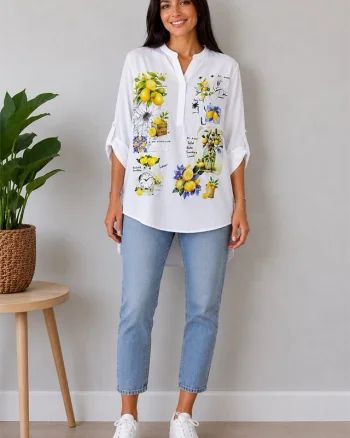 Camasa bumbac LARYSS, imprimeu collage si maneca reglabila, Lemon, Marime S/M/L