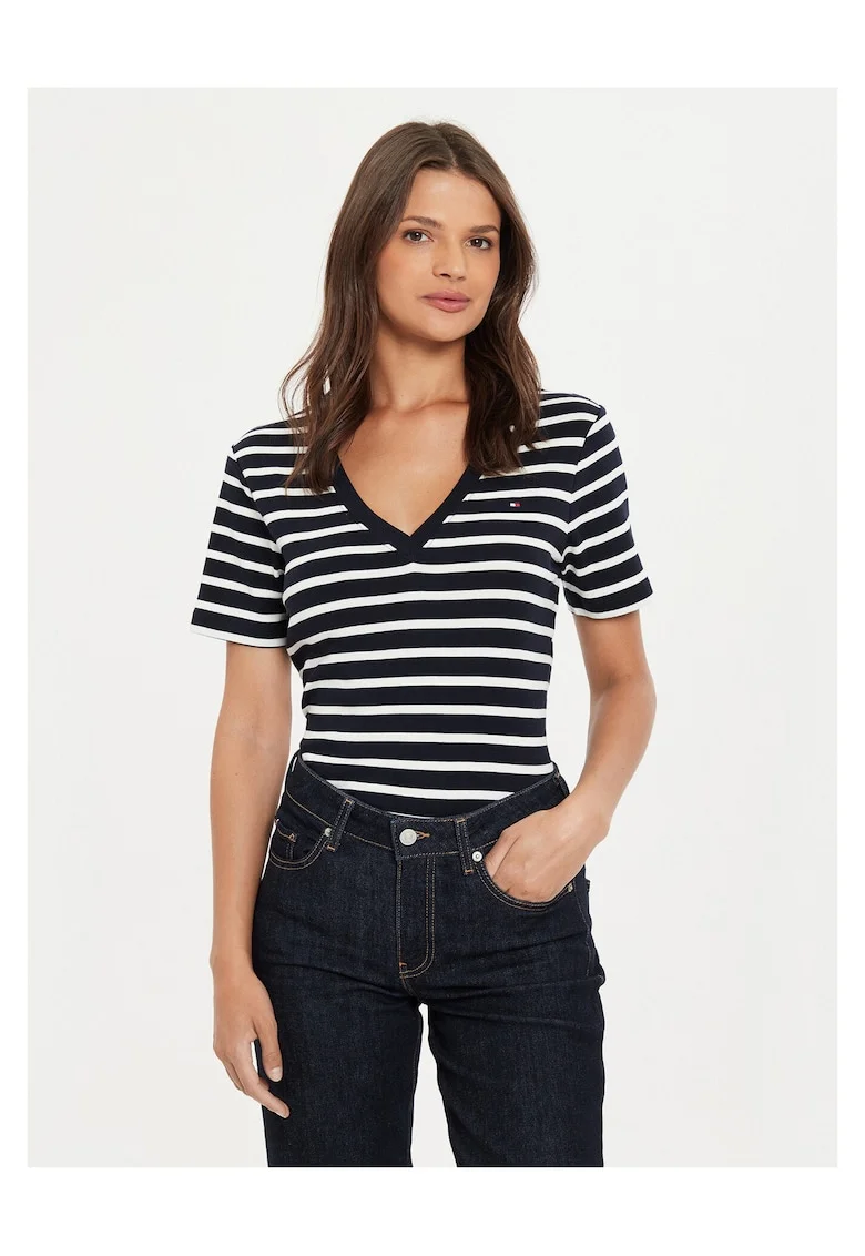 Tricou dama  bleumarin, alb,