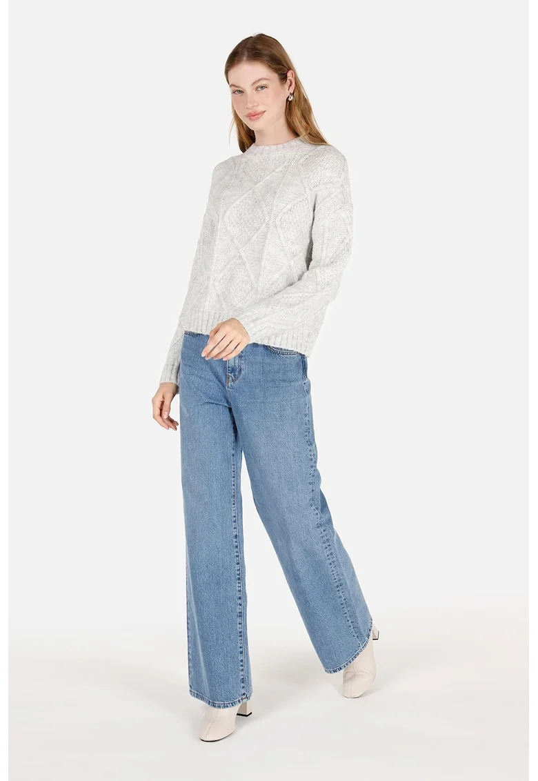 Pulover regular fit cu decolteu la baza gatului, Gri deschis
