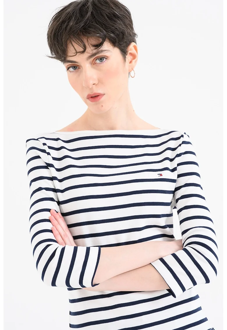 Bluza slim-fit de bumbac cu maneci trei sferturi, Alb optic/Bleumarin
