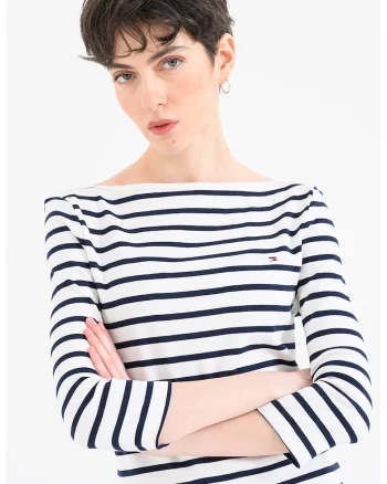 Bluza slim-fit de bumbac cu maneci trei sferturi, Alb optic/Bleumarin